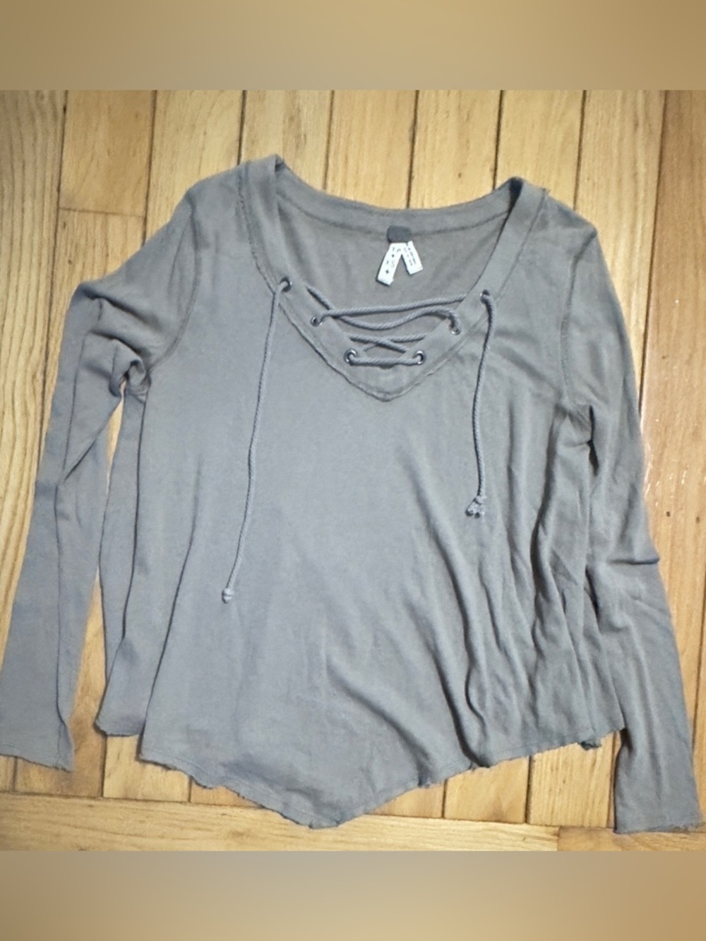 Free People Lace-Up V-Neck Long Sleeve Top - Gray